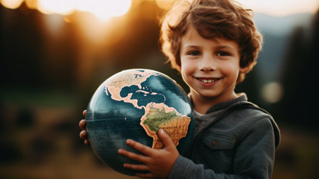 Cute little boy hugs a model of the Earth. Environment protection. Earth ecology concept. Light background. Generative AI.の素材