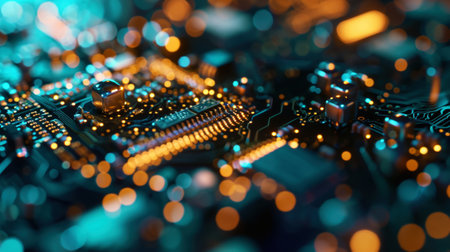 Technology of digital binary data on microchip with glow circuit board. Digitalization of Neural Networking. Generative AI.の素材