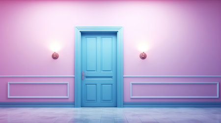 Violet colored interior, empty room with door. Pastel color palette. Minimalist contemporary concept. Generative AI.の素材