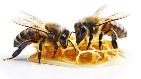 Close-up of two bees flying near a honeycomb. Light white background with copy space. Beekeeping concept. Generative AI.の素材