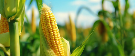 Close-up of ripe golden corn cobs in corn plantation field. Agriculture background. Generative AI.の素材