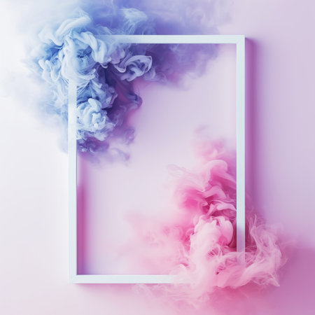 Abstract cloud of silky ink splash, like smoke. White frame, copy space. Pastel purple and pink colors. Generative AI.の素材