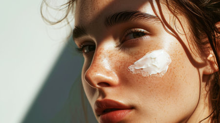 Close-up of young caucasian girl with aesthetic rough smear of face cream. Light background with sun rays. Generative AI.の素材