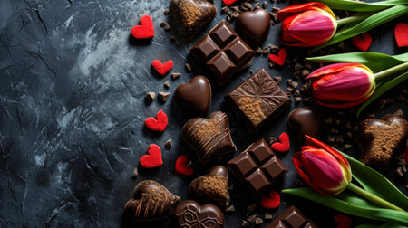 Valentines day dark background. Chocolate hearts and red tulips. Copy space. Love and concept. Generative AI.の素材