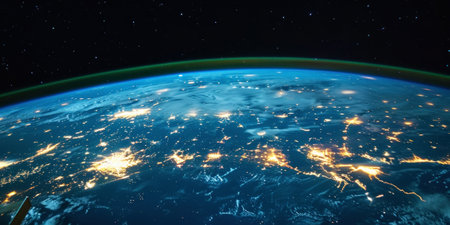 Big city lights view from space. Planet earth globe with night realistic world map. Communication concept. Generative AI.の素材