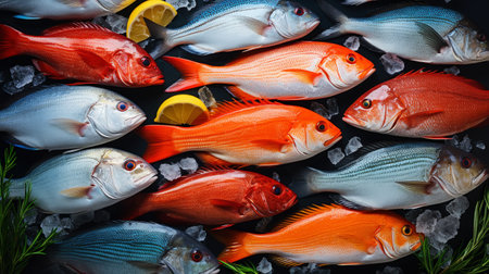 Variety of fresh raw fish with vegetables and spices. Marine restaurant menu concept. Seafood assortment. Generative AIの素材