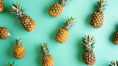 Fashionable bright pattern of pineapples. Pastel green background. Minimalist summer food concept. Generative AIの素材