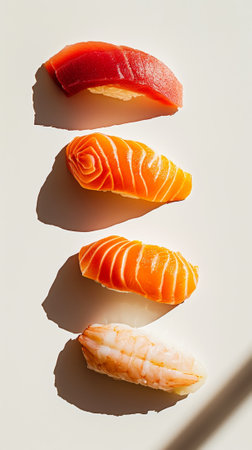 Delicious fresh salmon and tuna nigiri. On light background. Asian cuisine. Aesthetic food concept. Generative AI.の素材