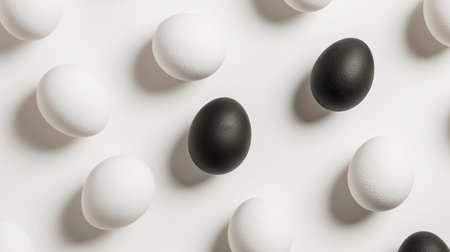 Aesthetic flat lay of white eggs with one black egg White background. Creative accent concept. Copy space. Generative AI.の素材