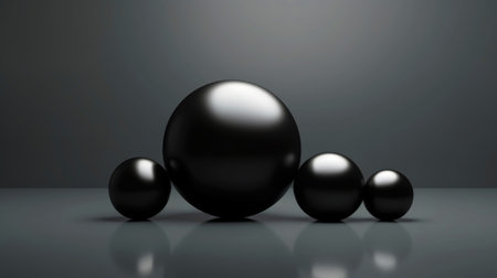 3D black spheres of different sizes and transparency. Dark color palette. Abstract background. Generative AI.の素材