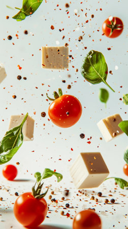 Explosion of salad with tomatoes, cheese, leaves, spices. Healthy eating concept. Restaurant advertising. Generative AI.の素材