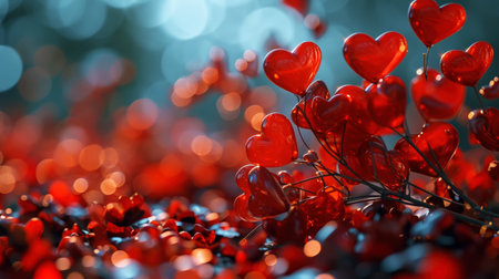 Romantic abstract glitter background with red sparkling hearts. Bokeh backdrop. Valentine's day concept. Generative AI.の素材