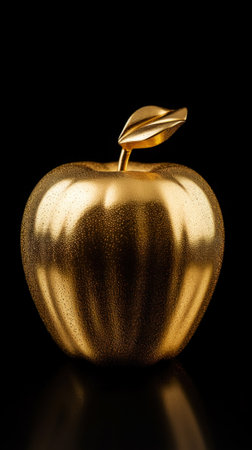 Golden apple on dark background. Isolated luxury concept. Generative AI.の素材