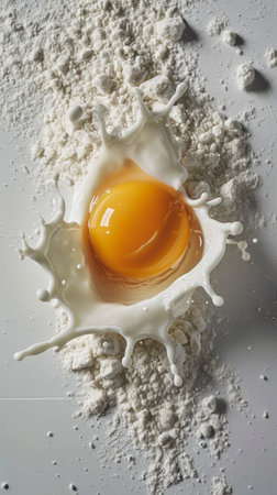 Splashing of egg yolk, flour and milk against light background. Cooking concept. Aesthetic kitchen style. Generative AI.の素材