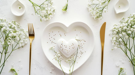 Aesthetically decorated table with heart-shaped plates and gold cutlery. Festive concept. Top view. Generative AI.の素材