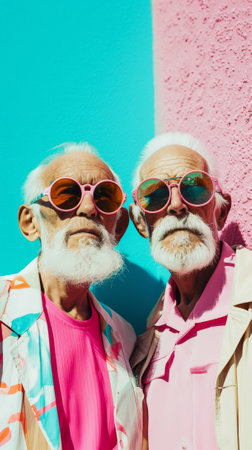 Two stylish older men dressed in bright street funky clothes, modern sunglasses on a bright pastel wall. Generative AIの素材