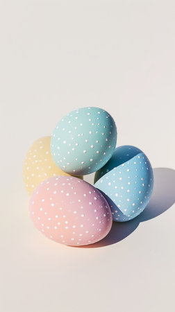 Aesthetic four Easter eggs in pastel colors with dots. White background. Creative cute card. Copy space. Generative AI.の素材