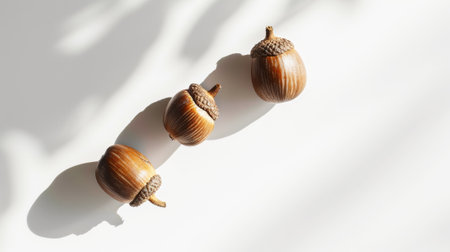 Tree oak acorns on light background. Trendy backdrop with shadows. Aesthetic natural concept. Generative AI.の素材