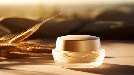 Luxury cream jar on aesthetic background with stones and flowers. Natural cosmetics skin care concept. Generative AI.の素材