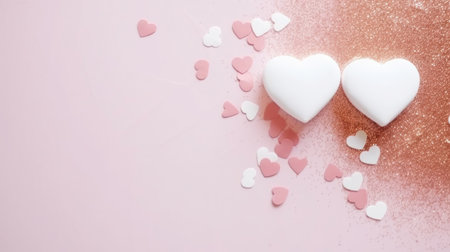 Aesthetic white and gold hearts on light background. Minimalist love concept. Copy space. Generative AI.の素材