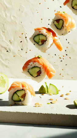 Delicious fresh salmon nigiri and sushi rolls floating on light background. Aesthetic food concept. Generative AI.の素材
