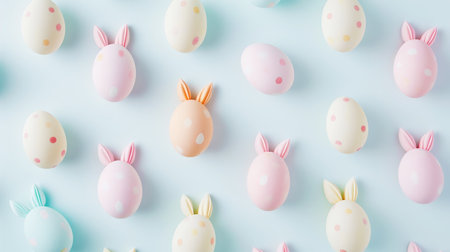 Aesthetic flat lay of Easter eggs in pastel colors with bunny ears. White background. Copy space. Generative AI.の素材