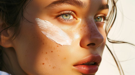 Close-up of young caucasian girl with aesthetic rough smear of face cream. Light background with sun rays. Generative AI.の素材
