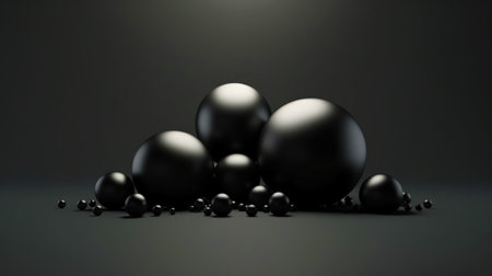 3D black spheres of different sizes and transparency. Dark color palette. Abstract background. Generative AI.の素材