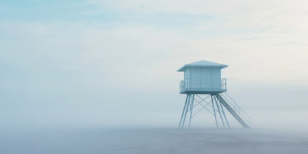 Lifeguard Tower in a white mist on a beach of seaside. Lonely landscape with watchtower. Generative AI.の素材