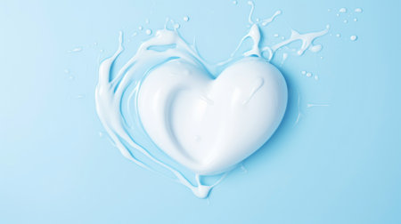 White heart made of cream and water splashes on a light blue background. Cosmetic love concept. Generative AI.の素材