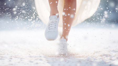 Close-up of female legs in sneakers running and kicking snow. Snowy weather concept. Light color palette. Generative AI.の素材