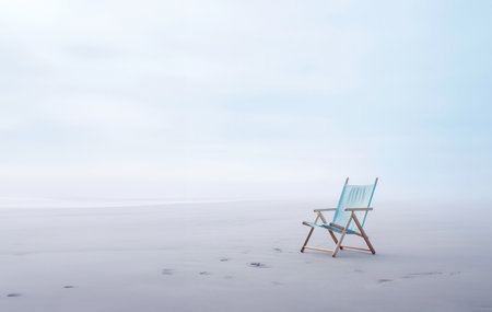 Lonely chair on white sand of tranquil beach of sea covered with mist. Generative AI.の素材