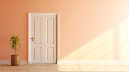 Peach fizz colored interior, empty room with door, lots of sunlight. Minimalistic contemporary concept. Generative AI.の素材