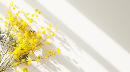 Several bunches of mimosa on a light background with shadows. Minimalist aesthetic composition.Copy space. Generative AI.の素材