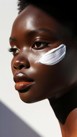 Close-up of young american african girl with aesthetic rough smear of face cream. Advertisement concept. Generative AI.の素材