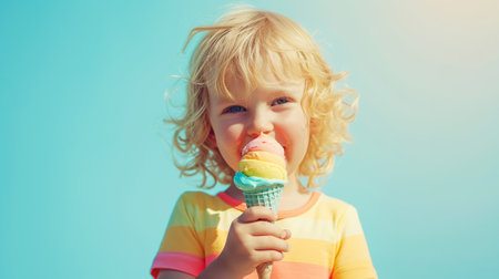 Blonde toddler model eats melting ice cream in candy cone. Pastel blue aesthetic sunny background. Generative AI.の素材