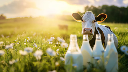 A well-groomed cow on a green meadow on a sunny day. Organic dairy products concept. Agricultural landscape. Generative AI.の素材