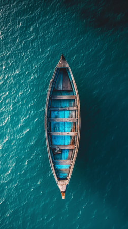 Top view of a retro fishing boat in the blue clear ocean. Shade from the sun's rays. Ocean still life concept. Generative AI.の素材