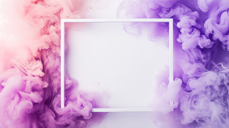 Abstract cloud of silky ink splash, like smoke. White frame, copy space. Pastel purple and pink colors. Generative AI.の素材