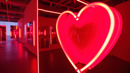 Stylish romantic interior with mirrors and illuminated neon heart. Modern contemporary Art. Valentines Day. Generative AI.の素材