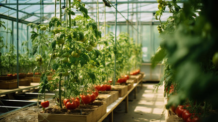 Ripe red tomatoes cluster in greenhouse. Vegetable on organic farm concept. Generative AI.の素材