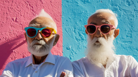 Two stylish older men dressed in bright street funky clothes, modern sunglasses on a bright pastel wall. Generative AIの素材