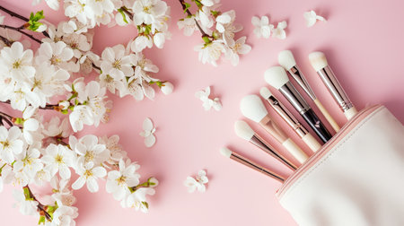 Top view of a stylish cosmetic bag with different brushes. Light pastel color palette. Branch of flowers. Generative AI.の素材