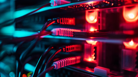 Abstract view of various IT data cables inside a computer conveying information. Dark color palette. Generative AI.の素材