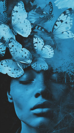 Trendy fashion magazine cover with a woman with butterflies on head and face. Blue colors. Modern Art. Generative AI.の素材