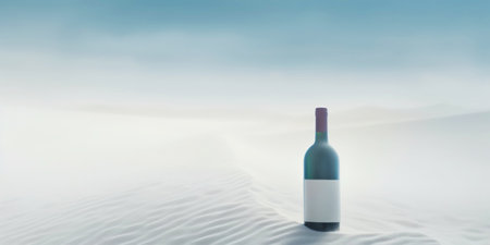 Wine bottle in a white desert sand. White mist around. Serene landscape. Generative AI.の素材