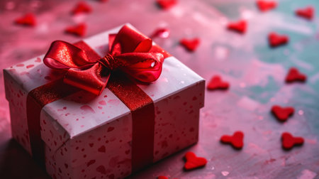 Elegant gift box with red ribbon. Girly pink background with hearts. Romantic gifts concept. Generative AI.の素材