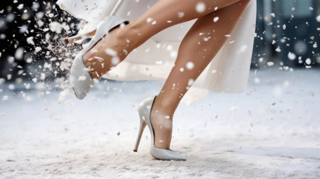 Close-up of female legs in heels running and kicking snow. Snowy weather concept. Light color palette. Generative AI.の素材