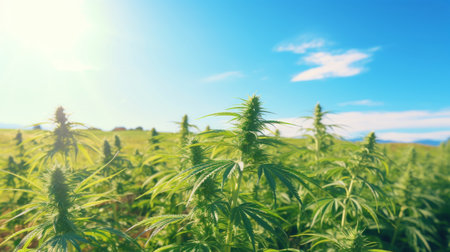 Close up of cannabis sativa plant on a field, sunny day. Industrial medical marijuana concept. Generative AI.の素材