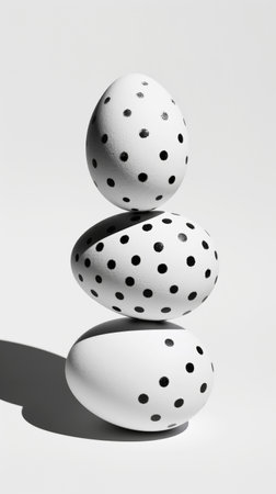 Aesthetic three white monochrome colored Easter eggs with black dots. White background. Copy space. Generative AI.の素材